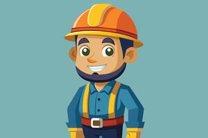 A cheerful construction worker wearing a hard hat and uniform stands confidently against a teal background in a workplace setting vector