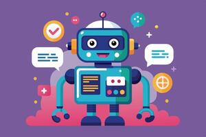A friendly chatbot robot character in a colorful digital environment with speech bubbles and icons representing communication and technology vector