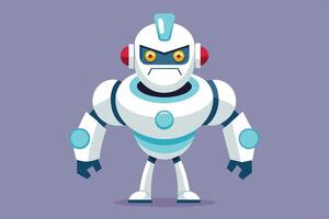 A cartoon robot with a fierce expression stands confidently against a purple background, showcasing its design and features vector