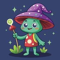 A cheerful mushroom character in a colorful hat holds a pastel mushroom in a whimsical fantasy world under sparkling stars vector