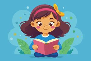 A young girl happily reading a pink book while sitting on a soft surface surrounded by colorful plants and a cheerful blue background vector