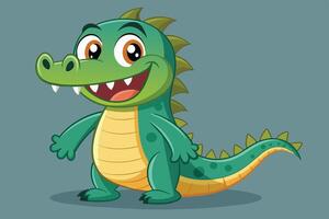 Happy cartoon crocodile character standing cheerfully on a plain background, showcasing vibrant colors and a playful expression vector