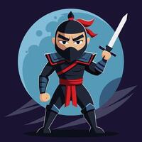 A ninja stands confidently in a dark forest at night, a full moon shining brightly behind traditional towers in the background vector