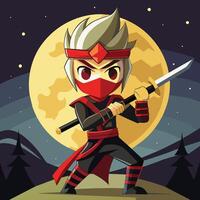 A cartoon ninja stands confidently in front of a large moon, ready for action with a sword and a determined expression in a dark background vector