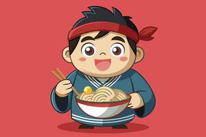 A cheerful child enjoying a bowl of noodles, wearing a traditional outfit with chopsticks, against a vibrant red background vector