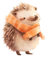 Watercolor dressed hedgehog animal isolated on transparent background, autumn illustration png