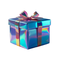 3D holographic Y2K element, isolated background. Liquid chrome metal, box with a bow on top wrapped in shiny material and has a bright, festive appearance, gift. png