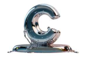 3D render holographic chrome Y2K element on transparent background. Liquid metal, letter C has a shiny, reflective surface. png