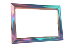 3D chrome element in Y2K style, isolated background, liquid holographic metal. Frame with blue and purple border, rectangular and has a metallic finish, shiny surface. png