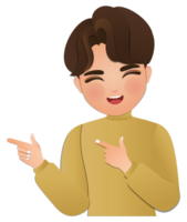 Cute cartoon Young man smiling to while presenting with hand and pointing with finger png