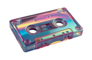 3D chrome element in Y2K style, isolated background, liquid holographic metal. Colorful rainbow cassette tape made of a shiny, reflective material. png