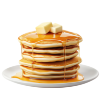 Delicious stack of fluffy pancakes topped with melting butter and drizzled with golden syrup, perfect for breakfast or brunch, isolated on white background. png