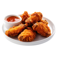 Deliciously crispy fried chicken wings served on a white plate with a side of tangy dipping sauce. Perfect for parties, gatherings, or a savory snack. png