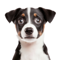 A close-up portrait of an expressive dog with wide eyes, showcasing its playful and curious nature against a white isolated background. png