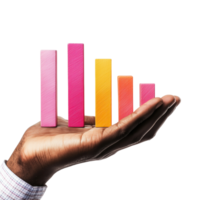 A hand holding colorful bar graphs, symbolizing growth and progress in business analytics, isolated on a white background. png