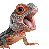 A vibrant and colorful lizard with an open mouth, showcasing intricate details of its scales. This striking reptile captures attention with its vivid colors and unique features. png