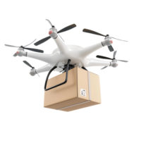 Drone Flying with Package Box 3D Rendering on Transparent png