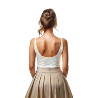 Back view of a woman in a white top and a tan skirt png