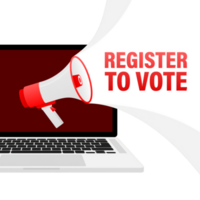 Megaphone with register to vote. Laptop with megaphone isolated on red background. png