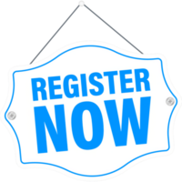 Blue register now label in modern style on white background. Banner promotion. Click button. Sticker design. png