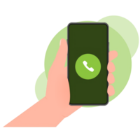 Hand holds phone with call Incoming on green screen on green background. illustration. png