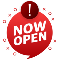 now open red banner. Label with text in flat style. illustration png