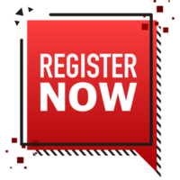 Red register now label in modern style on white background. Banner promotion. Click button. Sticker design png