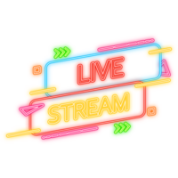 Neon Icon. Live stream logo red design element with play button for news and TV or online broadcasting. png