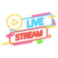 Neon Icon. Live stream logo red design element with play button for news and TV or online broadcasting. png