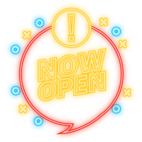 Neon Icon. now open red banner. Label with text in flat style. illustration. png