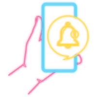 Neon Icon. Flat template with bell alert and smartphone on blue background for mobile app design. Application interface. Comment sign symbol. illustration. png