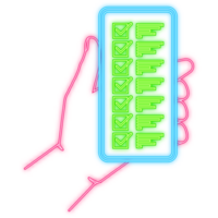 Neon Icon. Hand holds phone with check list on screen on green background. illustration png