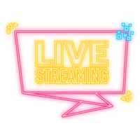 Neon Icon. Live streaming logo red design element with play button for news and TV or online broadcasting. png