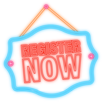 Neon Icon. Blue register now label in modern style on white background. Banner promotion. Click button. Sticker design png