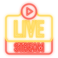 Neon Icon. Live streaming logo - red design element with play button for news and TV or online broadcasting. png