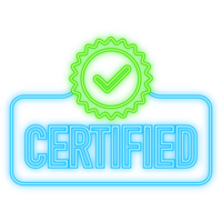 Neon Icon. Certified badge, stamp. Red seal of origin and quality. Certify flat button with check mark and shield png