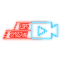 Neon Icon. Live streaming logo - red design element with play button for news and TV or online broadcasting. png