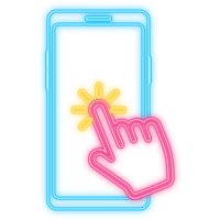néon ícone. toque em Smartphone. comunicação ícone símbolo. ponteiro ícone símbolo. dedo clique. png