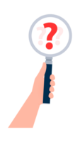 Searching solutions and asking for help. Question mark in a magnifying glass. png