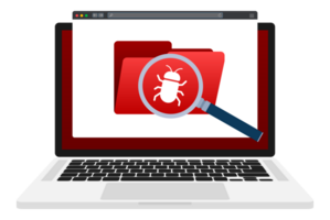 Computer virus detection. Searching bugs. Data protection. Magnifier glass. png