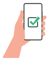 Hand holding a tablet. Using digital tablet pc. Empty screen. Approved choice. Accept or approve checkmark. png