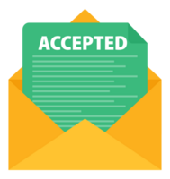Letter with text accepted. Email with accepted header. Confirmation email message. png