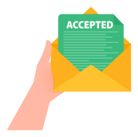 Hand holding a letter with text accepted. Email with accepted header. Confirmation email message. png