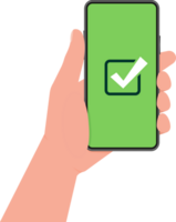 Hand holding a tablet. Using digital tablet pc. Empty screen. Approved choice. Accept or approve checkmark. png
