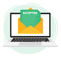 Letter with text accepted on laptop screen. Email with accepted header. Confirmation email message. png