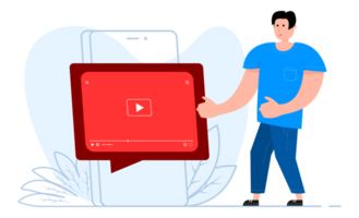 A man stands near the smartphone, on the screen web videos player or social media live stream. Movie internet media. tutorial. Live watching a png