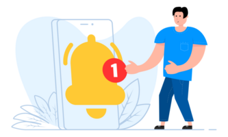 A man stands near the smartphone, on the screen notification bell. Ringing bell. New message. png