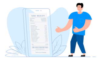A man stands near the smartphone, on the screen cash receipt. Payment paper bills png
