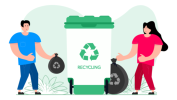 Man and woman standing next to a trash can. People sorting garbage. Saving ecology and recycling. png