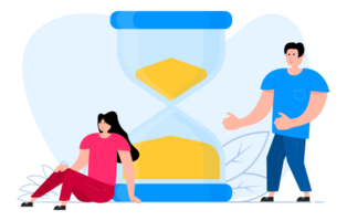 Man and woman stand near hourglass, alarm clock. Team working. Time management. png
